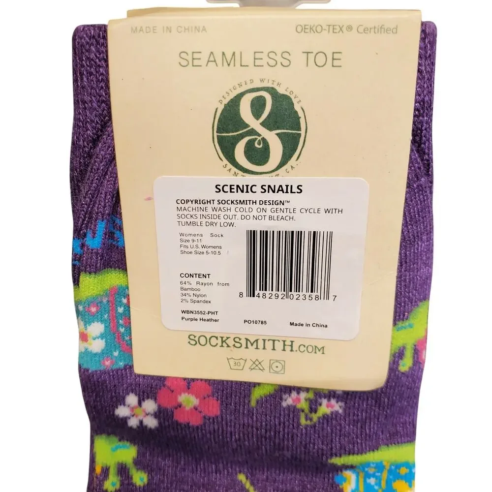 Socksmith Womens Bamboo Blend Novelty Sock Scenic Snails Flowers Purple Pink NEW